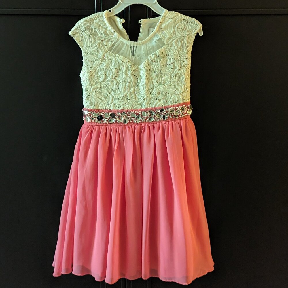 Girls White and Coral Sequin Dress